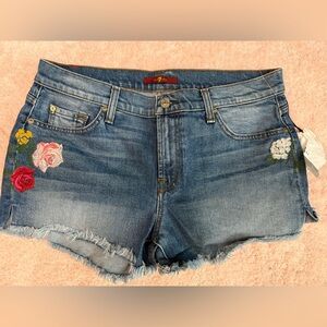 7 For All Mankind Pink and Blue Jean Shorts with Distressed Hem